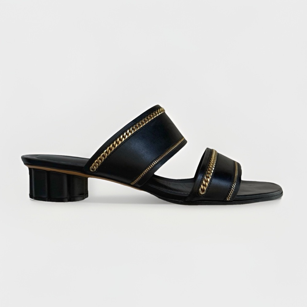SALVATORE FERRAGAMO BELLUNO BLACK LEATHER
GOLD CHAIN SLIDE SANDAL FLOWER HEELS